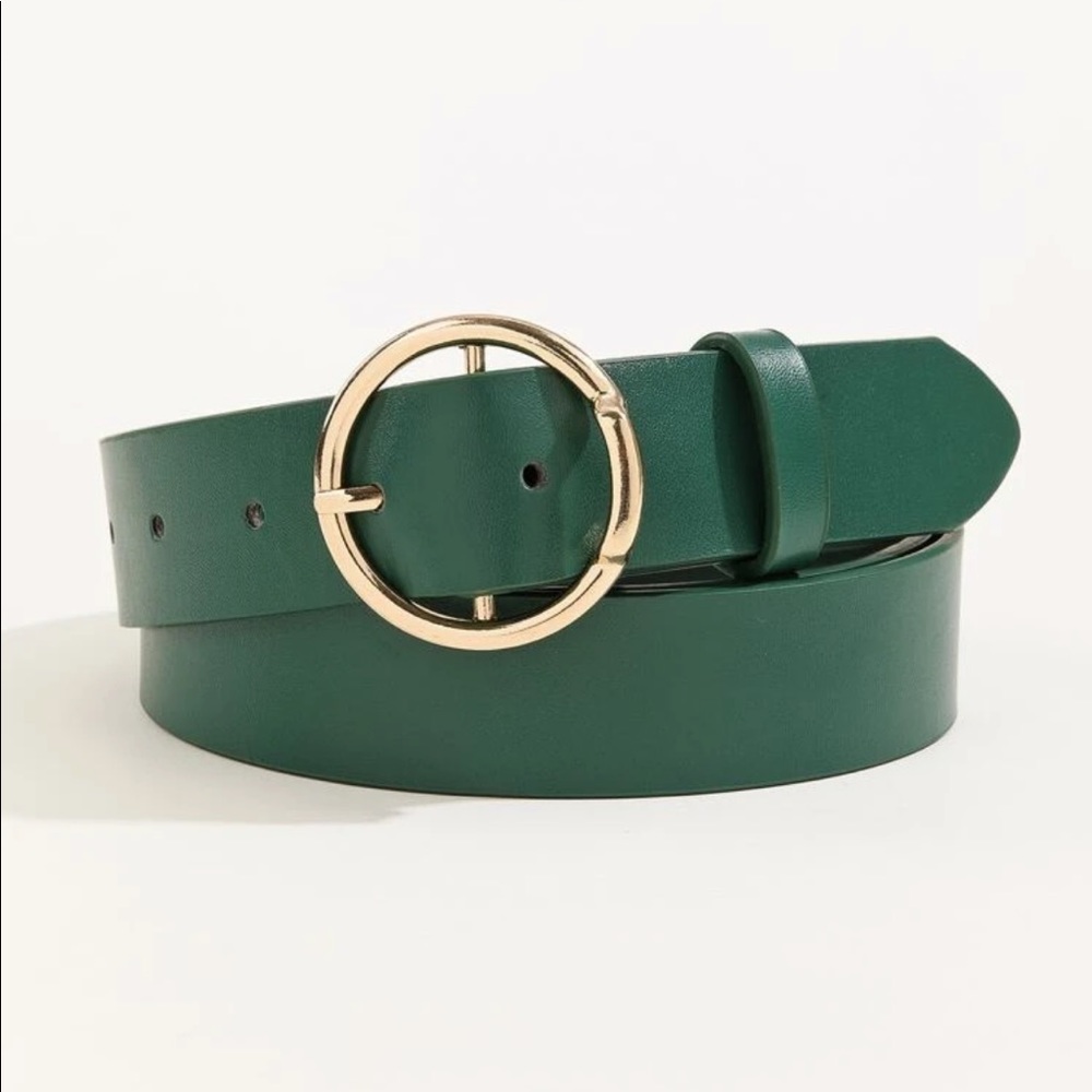 - Rue 21 gold circle belt with forest green vegan strap size Medium